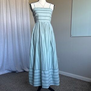 Mint Green Striped Midi Dress Smocked Back Pockets Adjustable Straps S/M